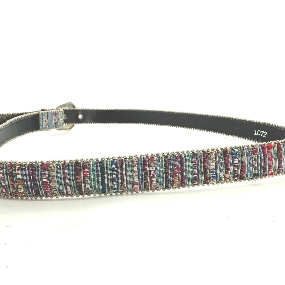 Elite Belt Women ML Multicolor Woven Metallic Beaded Silver Buckle Boho 1072